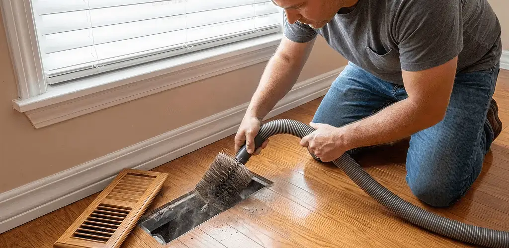 Air duct cleaning technician vacuuming a floor vent and duct opening in Naperville, IL