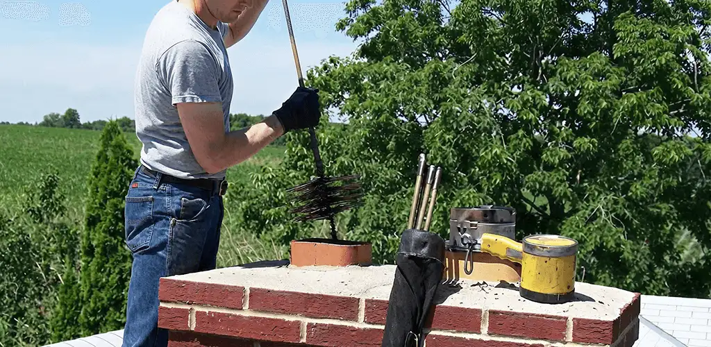 Chimney cleaning technician working on a rooftop chimney with professional tools in Naperville, IL