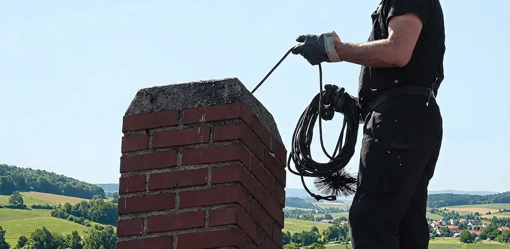 Chimney sweep inspecting and cleaning a rooftop chimney in Naperville, IL