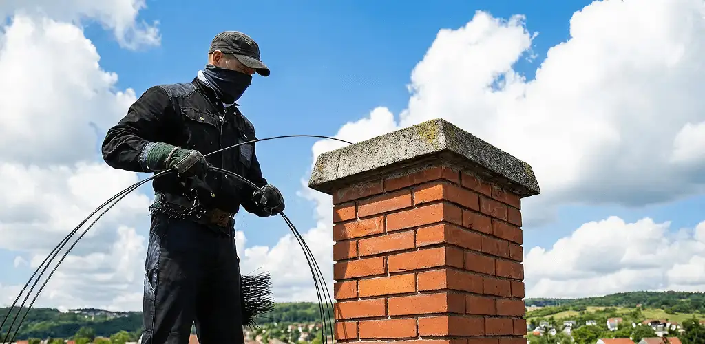 Chimney sweep cleaning a brick chimney with professional tools in Naperville, IL