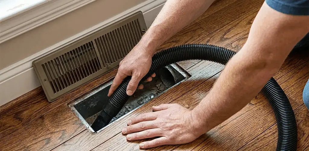 Air duct cleaning technician vacuuming a floor register and duct opening in Naperville, IL