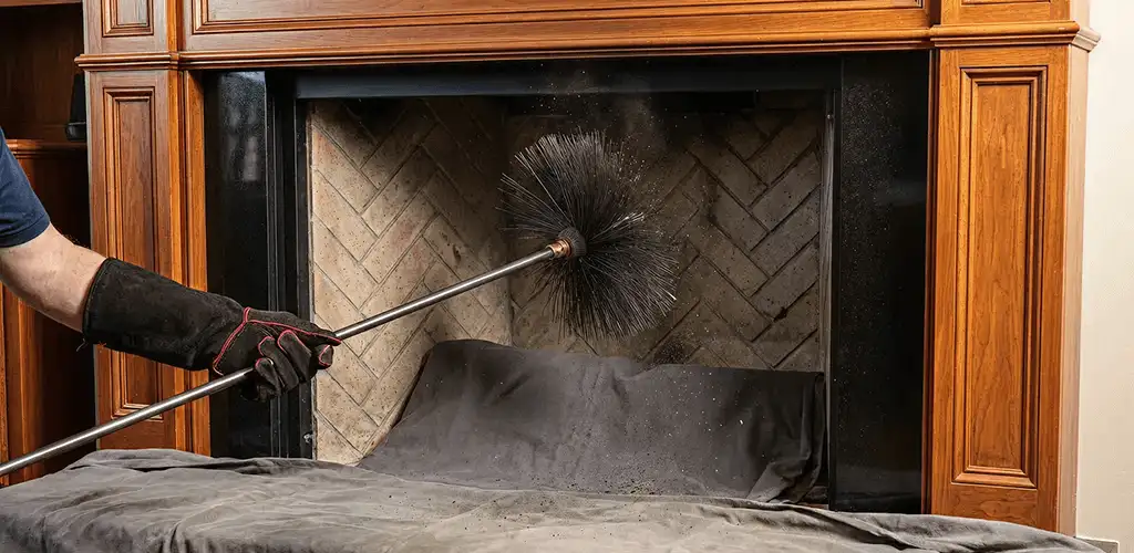 Chimney cleaning service brushing soot from a fireplace and flue in Naperville, IL