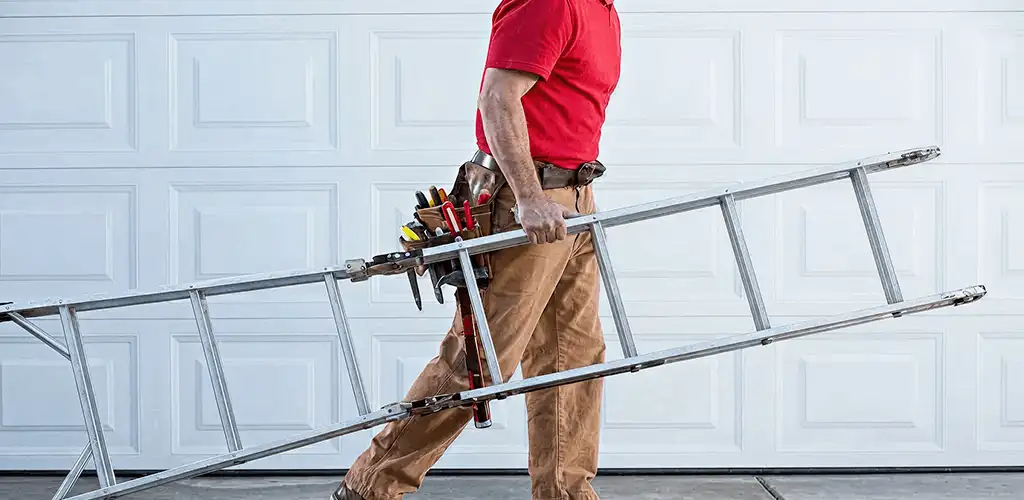 Garage door repair technician arriving with tools and ladder in Naperville, IL