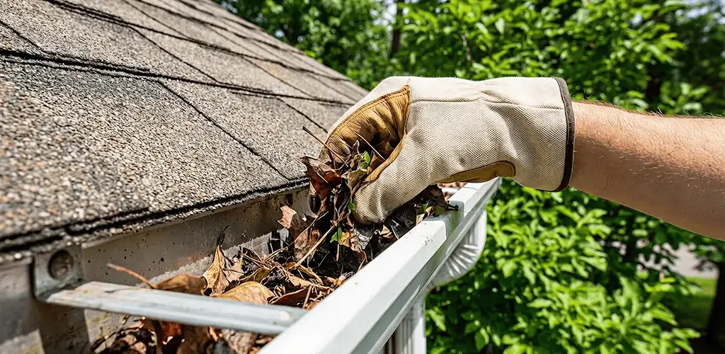 Gutter cleaning removing leaves and debris from roof gutters in Naperville, IL