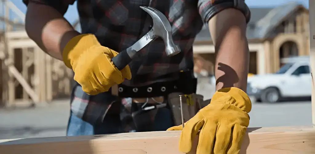 Handyman fixing wood trim with a hammer for home repairs in Naperville, IL
