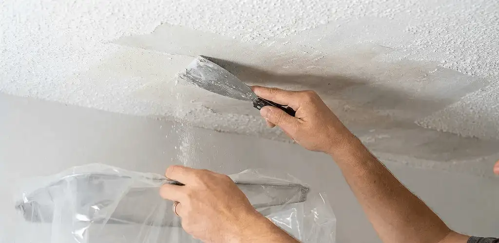 Popcorn ceiling removal technician scraping texture from a ceiling in Naperville, IL