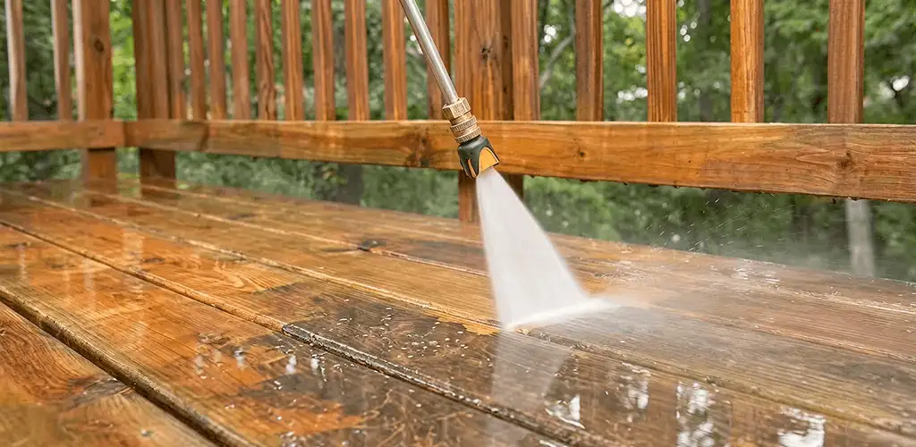 Pressure washing a wood deck to remove dirt and buildup in Naperville, IL