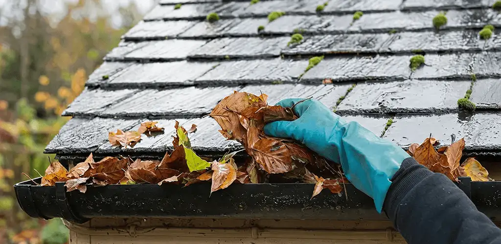 Gutter cleaning technician clearing wet leaves from roof gutters in Naperville, IL