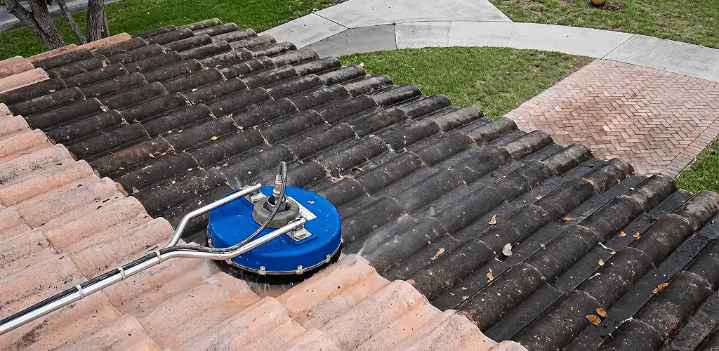 Roof pressure cleaning removing debris and buildup from roof tiles in Naperville, IL