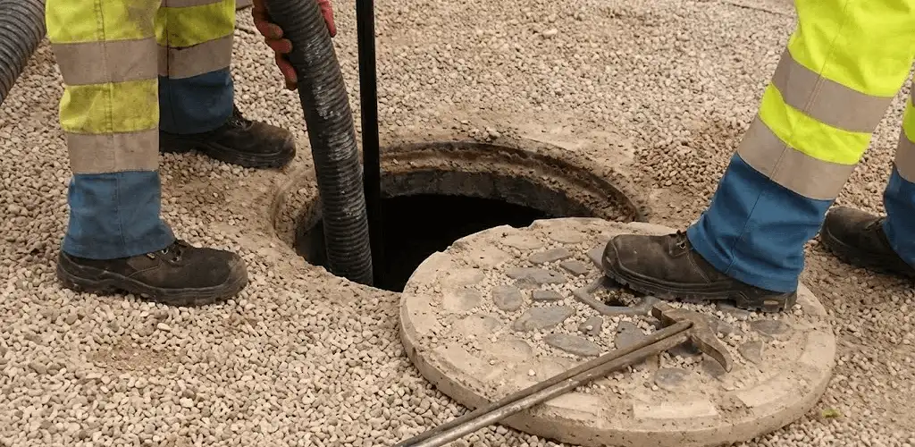 Drain cleaning crew clearing a sewer access point with professional equipment in Naperville, IL
