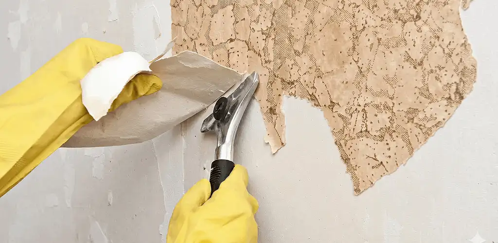 Wallpaper removal service stripping old wallpaper from a wall in Naperville, IL